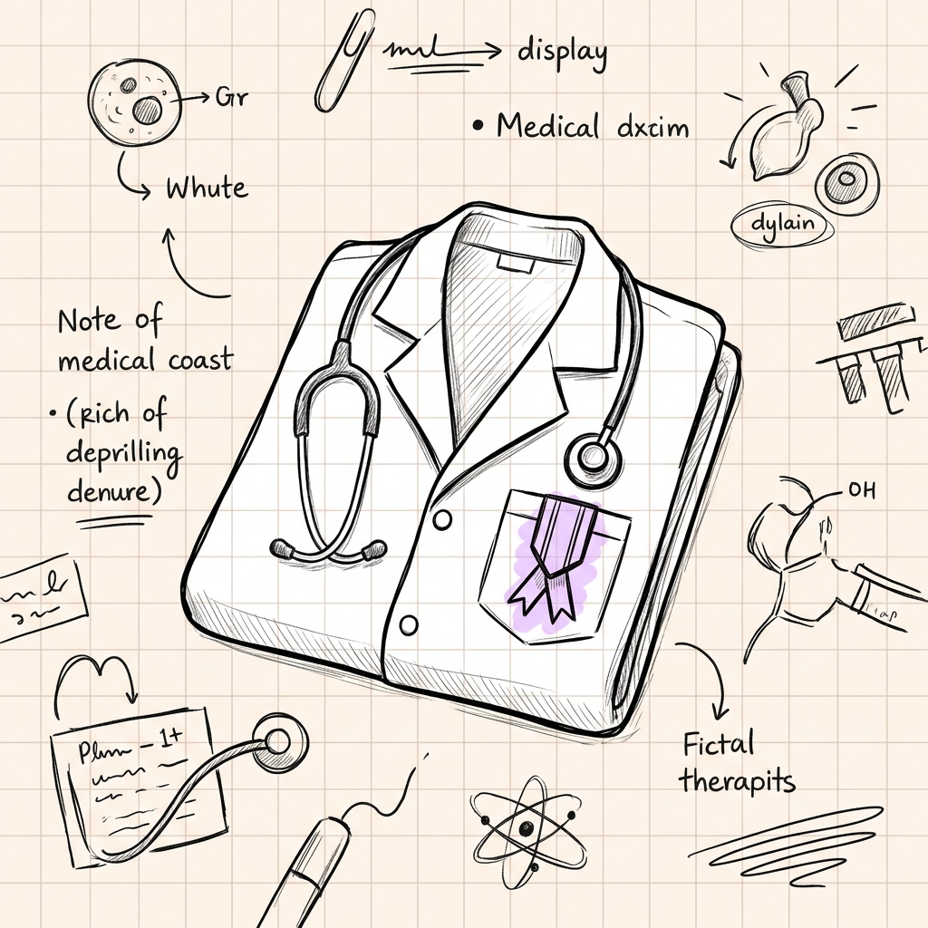 Doctor white coat with stethoscope and merit medal doodle
